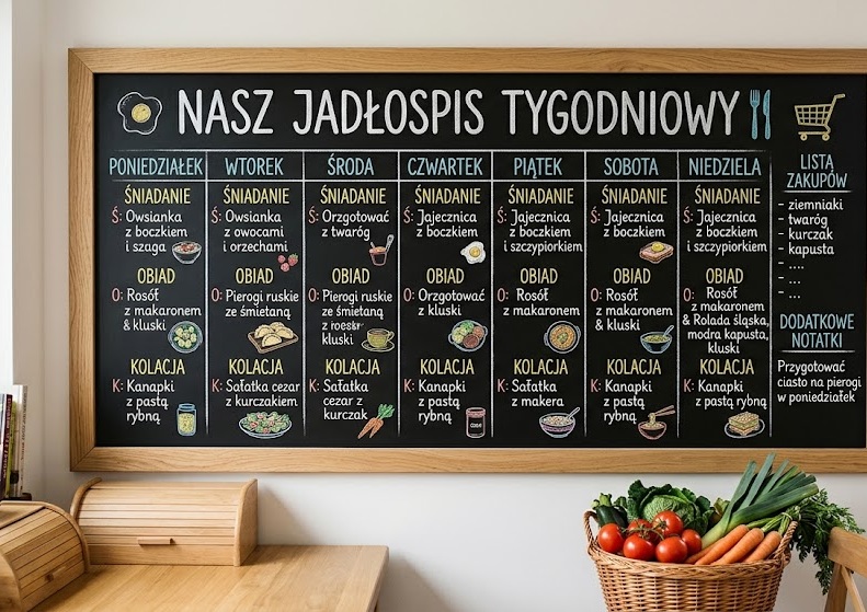 Tablica z rozpisanym jadłospisem na cały tydzień